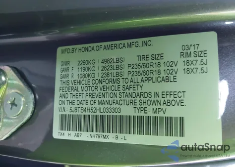 2017 Acura Rdx Technology Acurawatch Plus Packages/W/Technology Package from USA, damaged, VIN 5J8TB4H52HL033303